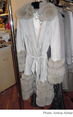 Norman Ambrose gray lamb suede and dyed blue fox coat