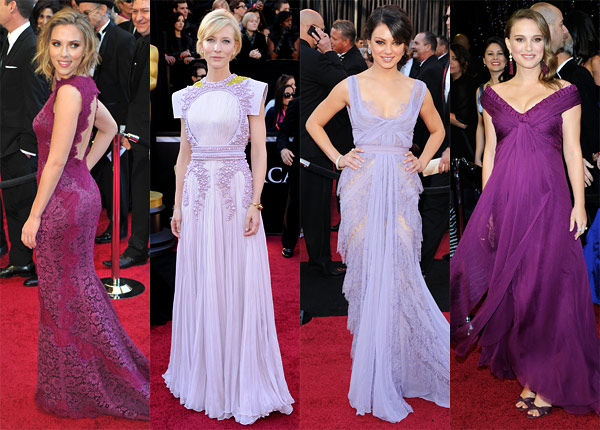 Scarlett Johansson, Mila Kunis and Natalie Portman oscars 2011 purple dresses