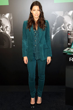 Jessica Biel teal Gucci suit stretch velvet