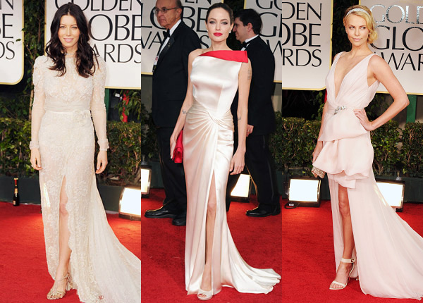 Jessica Biel, Angelina Jolie, Charlize Theron Golden Globes 2012 slit dresses