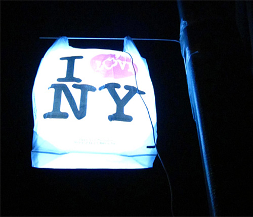 Takeshi Miyakawa illuminated "I Heart NY" shopping bags