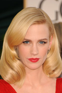 January Jones bold red lips Golden Globes 2011